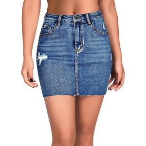 Roswear Women's Size Small Denim Mini Skirt High Rise Distressed Blue Raw Hem